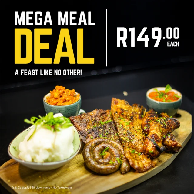 Mega Meal Deal
Get ready for a feast like no other! For just R149, you get an epic Our Shisanyama Platter Mega Meal Deal Come hungry. Leave happy.
For R149 you get
100g Wors, 200g Chuck Steak, 100g Pork Rasher, 2 Chicken Wings, pap, shebo and chakalaka.
Only at Platinum Aloe
Ts & Cs apply | Sit down only - No Takeaways
#Megamealdeal #Shisanyamaplatters #Promotions