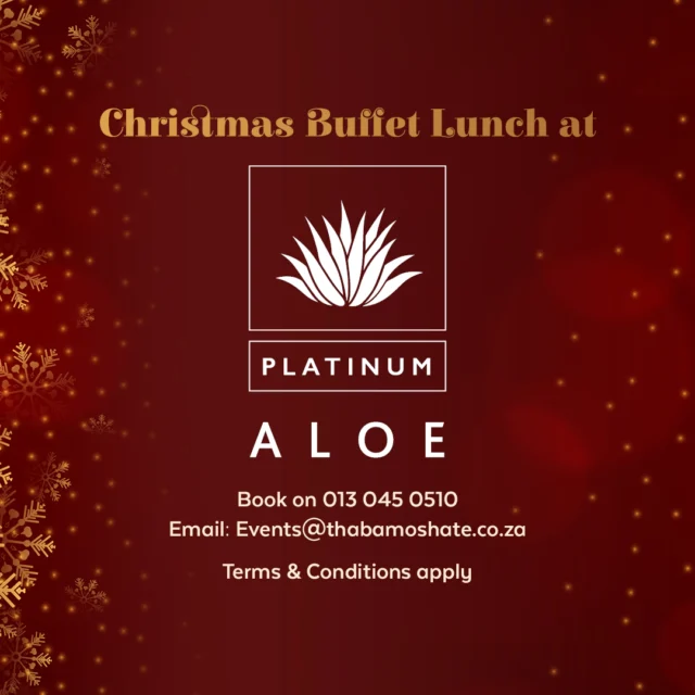 Christmas Buffet at Thaba Moshate
The festive meal for the whole family.
25 December | 12h30
From R550 per person
Platinum Aloe Restaurant
Book now!
Terms & Conditions apply
#ChristmasBuffet