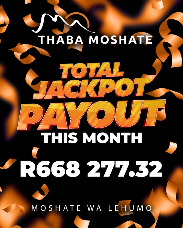 Total Jackpots Paid Out in September!

Another incredible month at Thaba Moshate with massive wins and life-changing moments.
Keep playing with your Winners Circle card… and you could be next!

#JackpotWinners #winners
18+ Only | Winners know when to stop | 0800 006 008