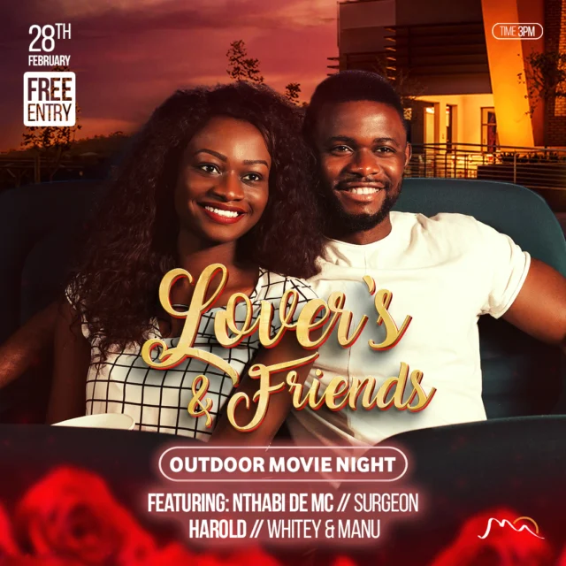 Lovers and Friends - Outdoor Movie Night
Featuring Nthabi De MC, Surgeon, Harold, Whitey & Manu

28 Feb | 15h00
Molecule Show Bar
Free Entry

For more info contact 073 258 7237
Tc & Cs

No under 18yrs | No Hubbly | No external food & beverage| No camping chairs or cooler boxes
 #LoversAndFriends #OutdoorMovieNight #MoleculeShowBar