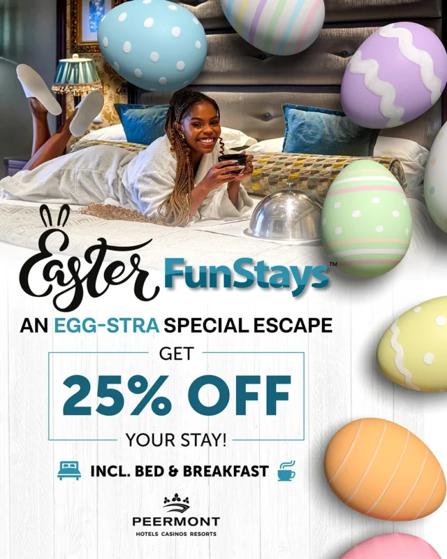 Easter FunstaysThe March to May Easter break has 4 Long Weekends, 4 Public Holidays and an endless chance of fun at 11 Peermont Hotels.Book an Easter Funstay now and get 25% off
Incl. bed & BreakfastStay from 20 March - 4 May 2026
Visit our website to book!Ts & Cs apply | Online bookings only.
#easter #hotel #funstays #holidays #longweekend #EasterFunstays #PeermontHotels #EasterGetaway #HolidayDeals #FamilyHoliday #BedAndBreakfast #TravelDeals2026