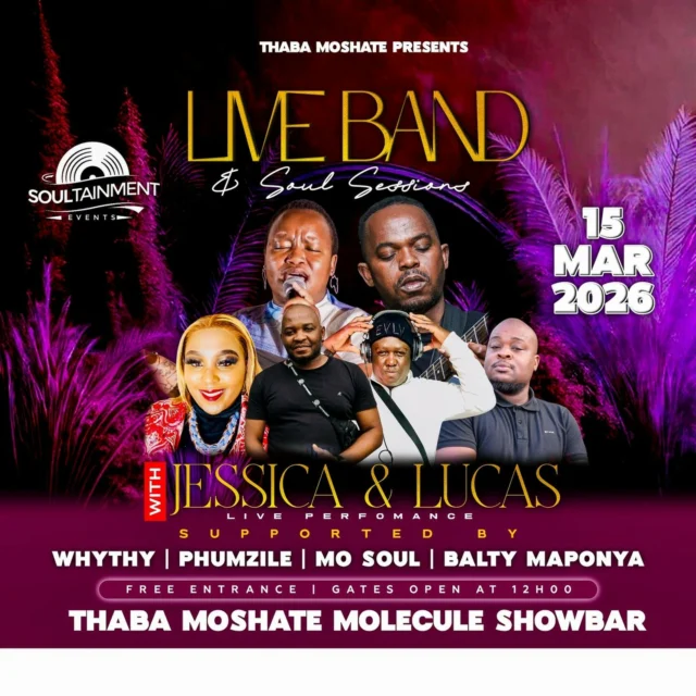 Sunday Soul SessionsLive Band
15 Mar | 12h00 | Molecule Showbar
Free EntranceFeaturing: Jessica and Lucas | Whitey | Phumzile | Mo Soul | Balty Maponyane