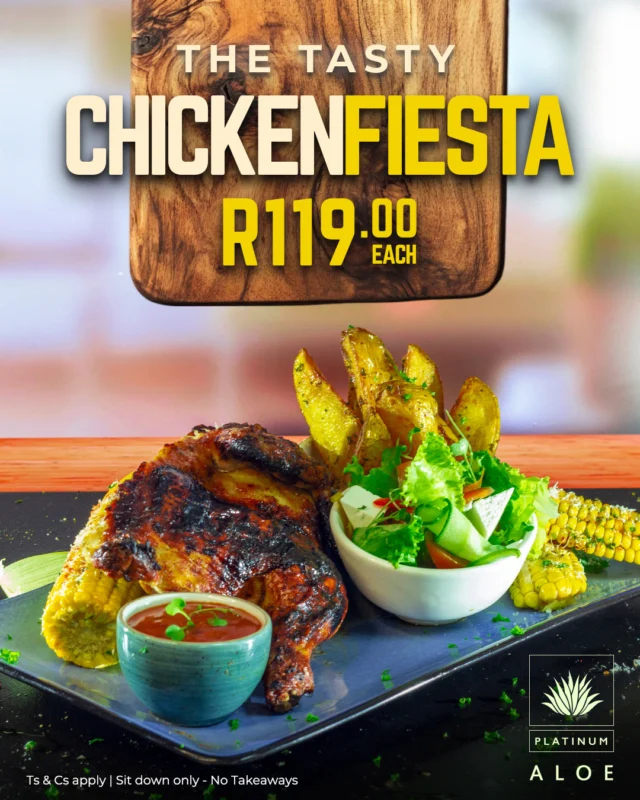 THE TASTY CHICKEN FIESTA
Enjoy a perfectly prepared Half Chicken, expertly seasoned and cooked to perfection. A hearty, flavour-packed meal that’s ideal for both lunch and dinner.All for just R119.00Valid until 2 May 2026
Ts & Cs apply | Sit down only - No Takeaways
#ChickenFiesta #special #ThabaMoshate #PlatinumAloe
