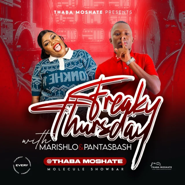 Freaky ThursdaysJoin Marishlo & Pantasbash for the ultimate Thursday night vibe.Every Thursday
Molecule Show Bar
Reserve Now: +27 (0)11 123 4567#FreakyThursday #ThabaMoshate #MoleculeShowBar #LiveEntertainment