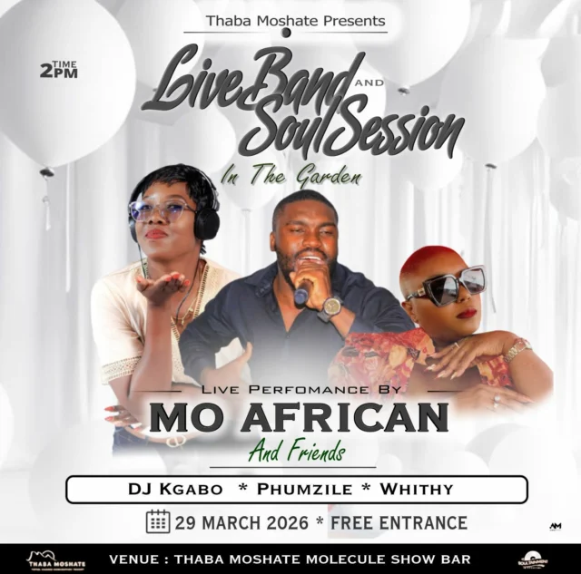 Soul Session in the Garden
We are hosting a Live Band and Soul Session in the Garden, featuring a headline performance by Mo African and Friends.Join us for a day filled with live music and great company. The lineup also includes sets by DJ Kgabo, Phumzile, and Whithy to keep the rhythm going throughout the day.29 March 2026
Molecule Showbar
Free entranceWhether you are here for the live band or the garden vibes, it is the perfect way to spend your Sunday. We look forward to seeing you there.#ThabaMoshate #SoulSession #MoAfrican #MoleculeShowbar