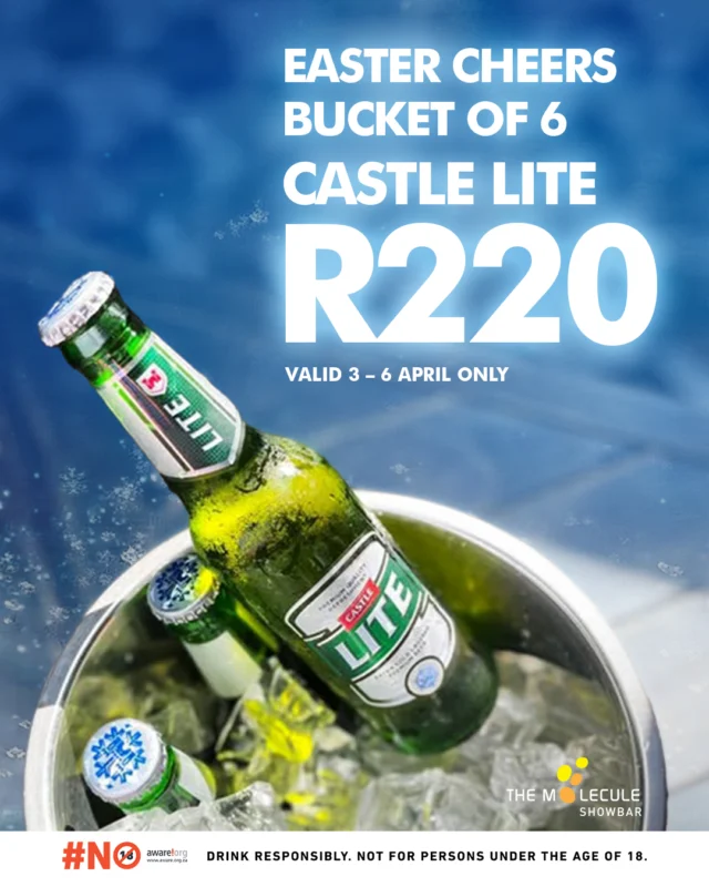 Easter Cheers at Molecule Show Bar!
Celebrate the long weekend with ice-cold specialsBucket of 6
Corona
R250Bucket of 6
Black Label, Castle Lite or Brutal Fruit Ruby Apple
R2203 – 6 April OnlyGather your crew, grab a bucket and let the good times flow this Easter weekend!
#EasterWeekend #ThabaMoshate #DrinkSpecials